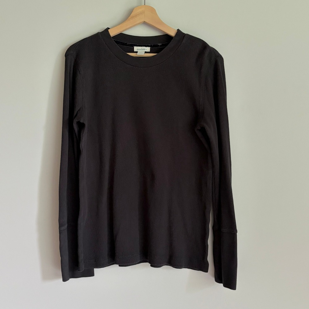 Sundance Womens Black Ribbed Thermal Top Large Velvet Button Cuff Long Sleeve